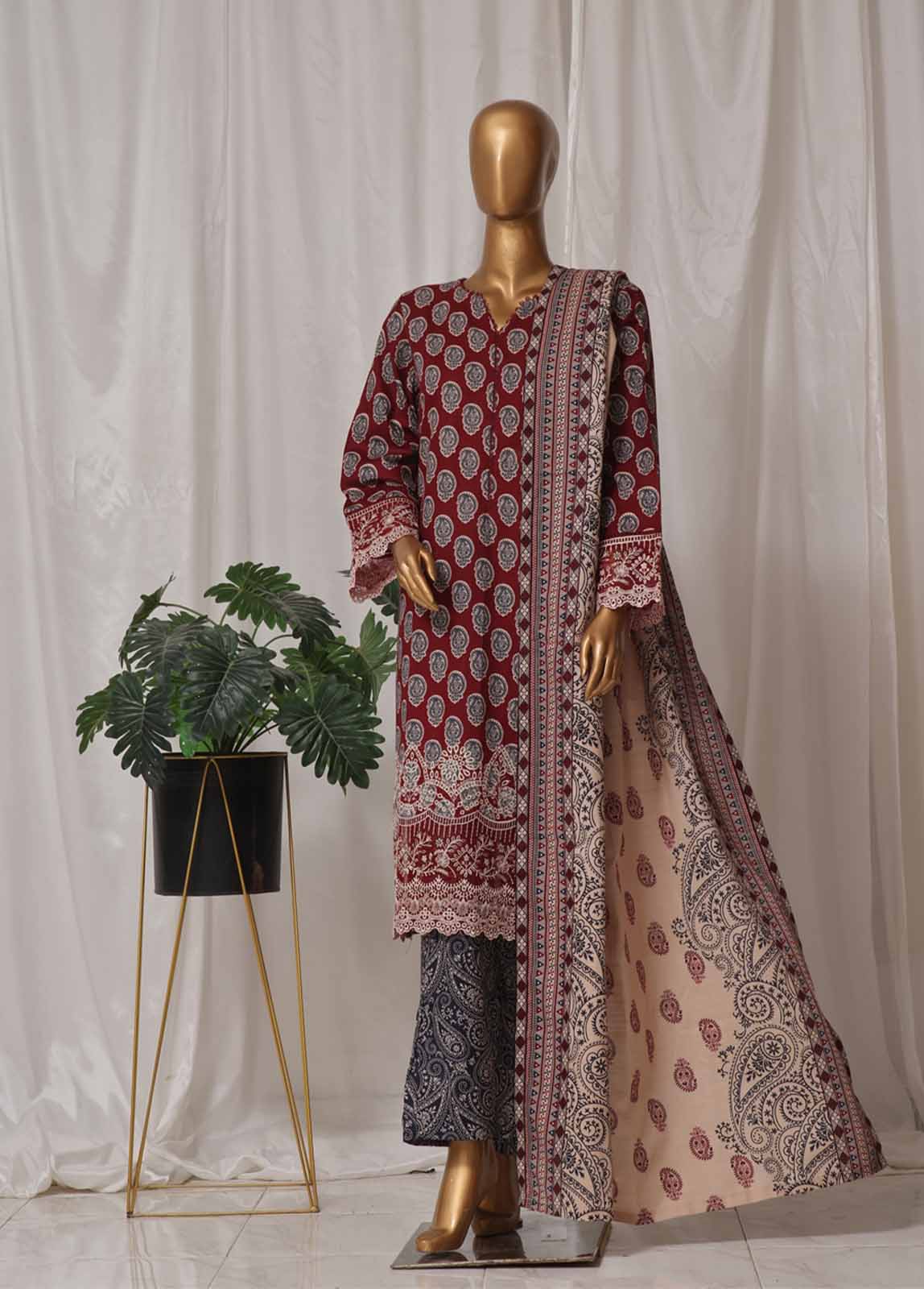 Bin Saeed Fabric - WKE-009 M-3 Piece Khaddar Embroidered Stitched Suit