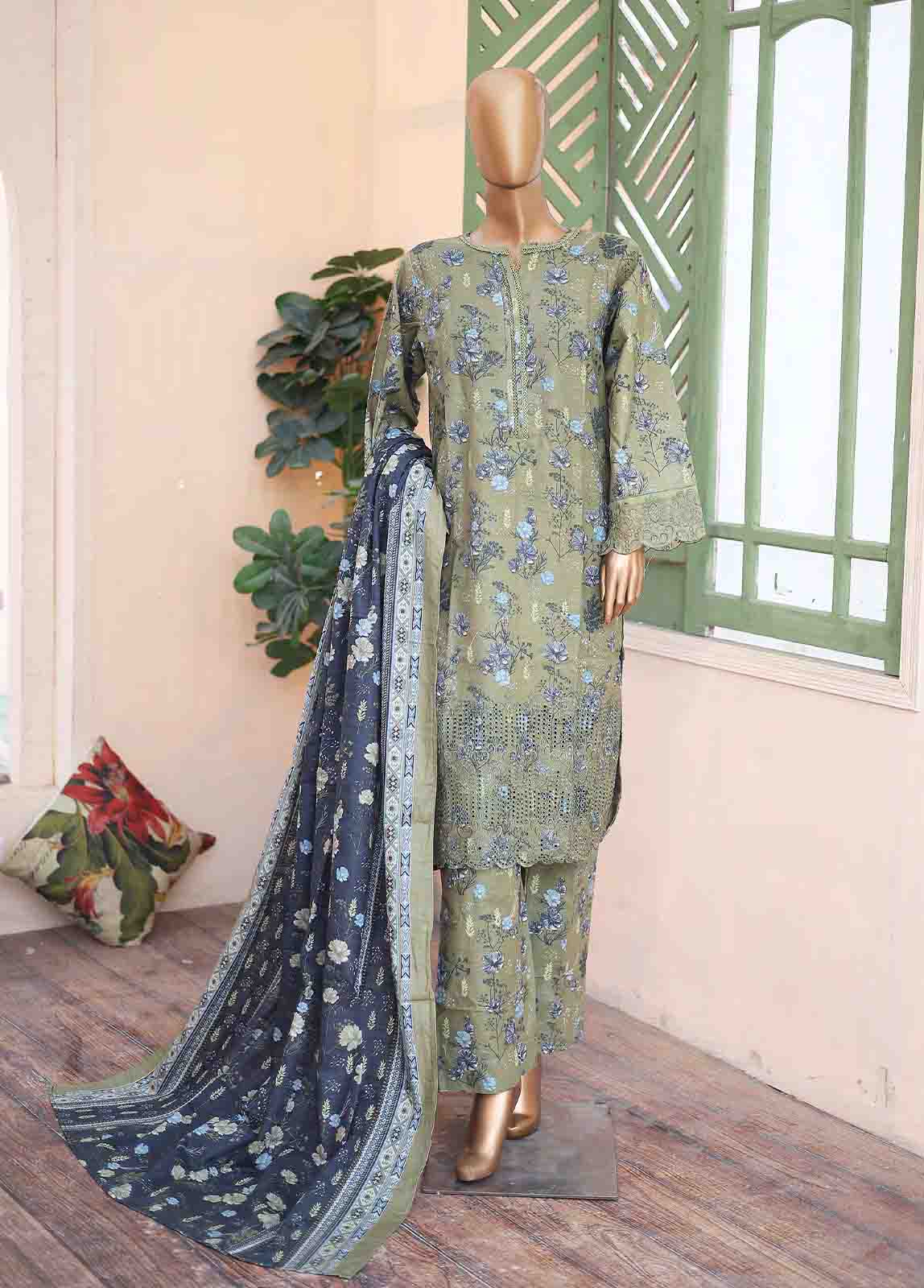 Bin Saeed Fabric - WKE-010 A -3 Piece Khaddar Chikankari Stitched Suit