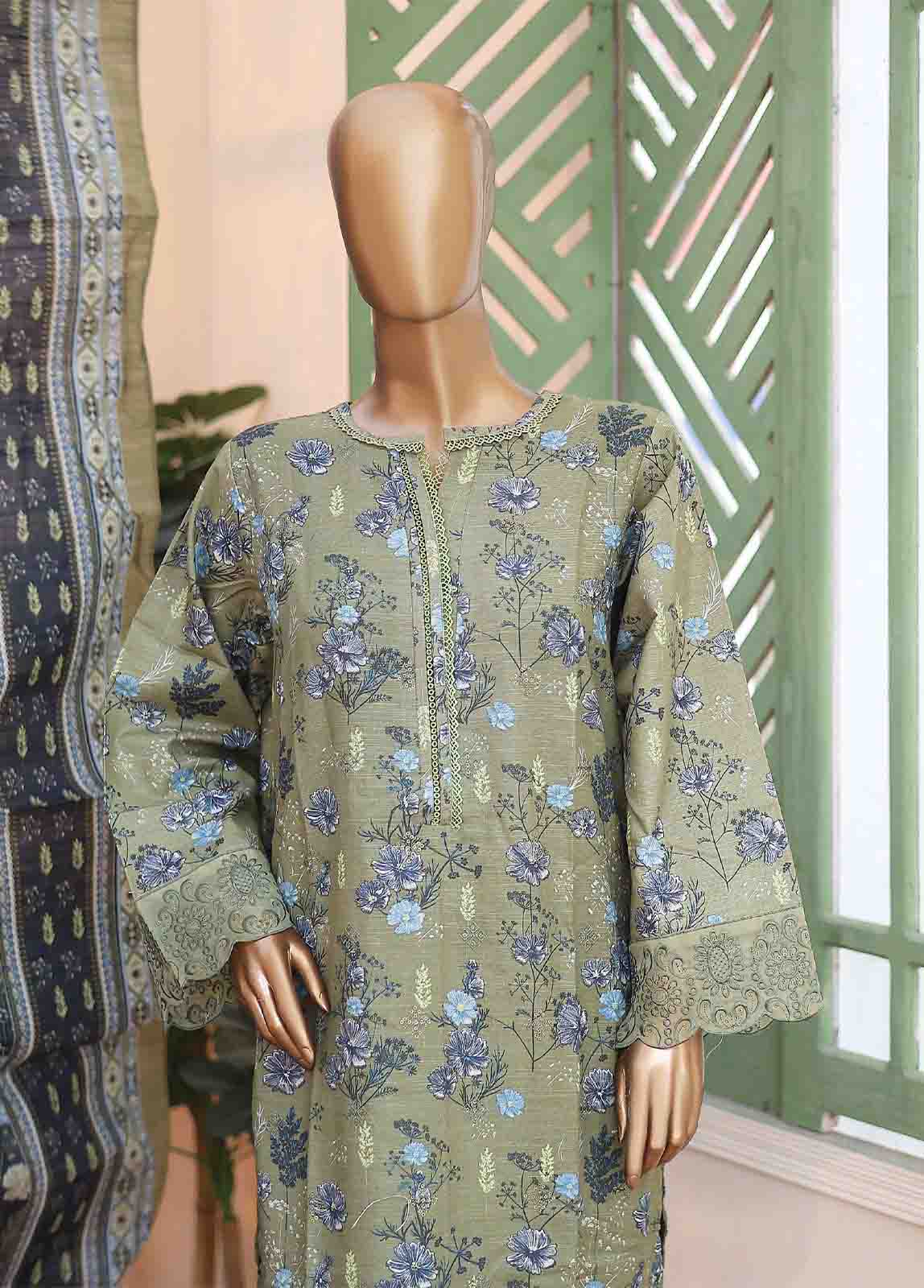 Bin Saeed Fabric - WKE-010 A -3 Piece Khaddar Chikankari Stitched Suit