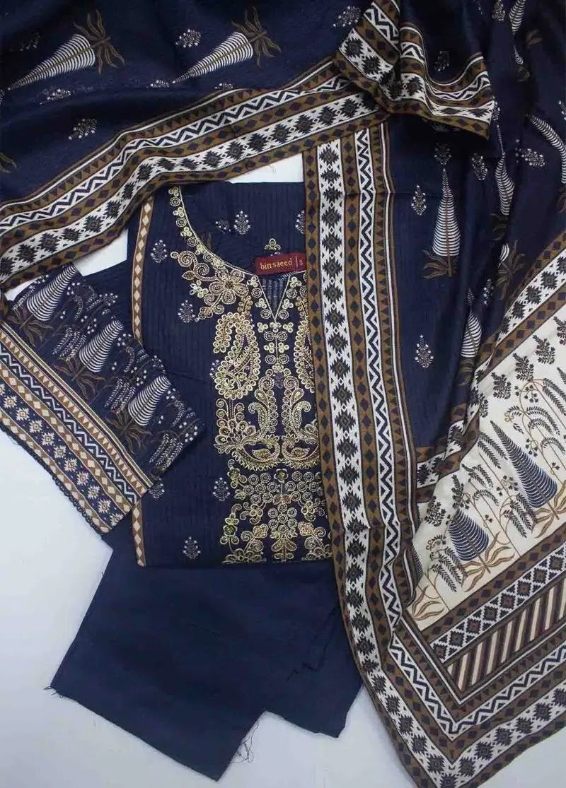 Bin Saeed Fabric - WKE-011- 3 Piece Khaddar Emboidered Stitched Suit
