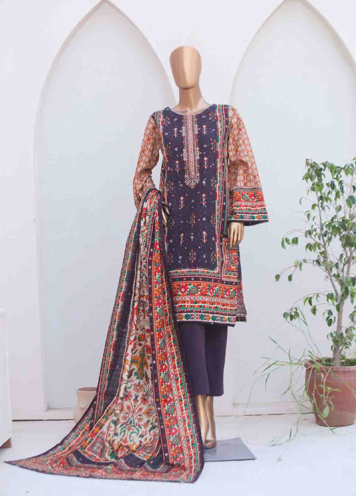 Bin Saeed Fabric - WKE-0129-3 Piece Khaddar Embroidered collection