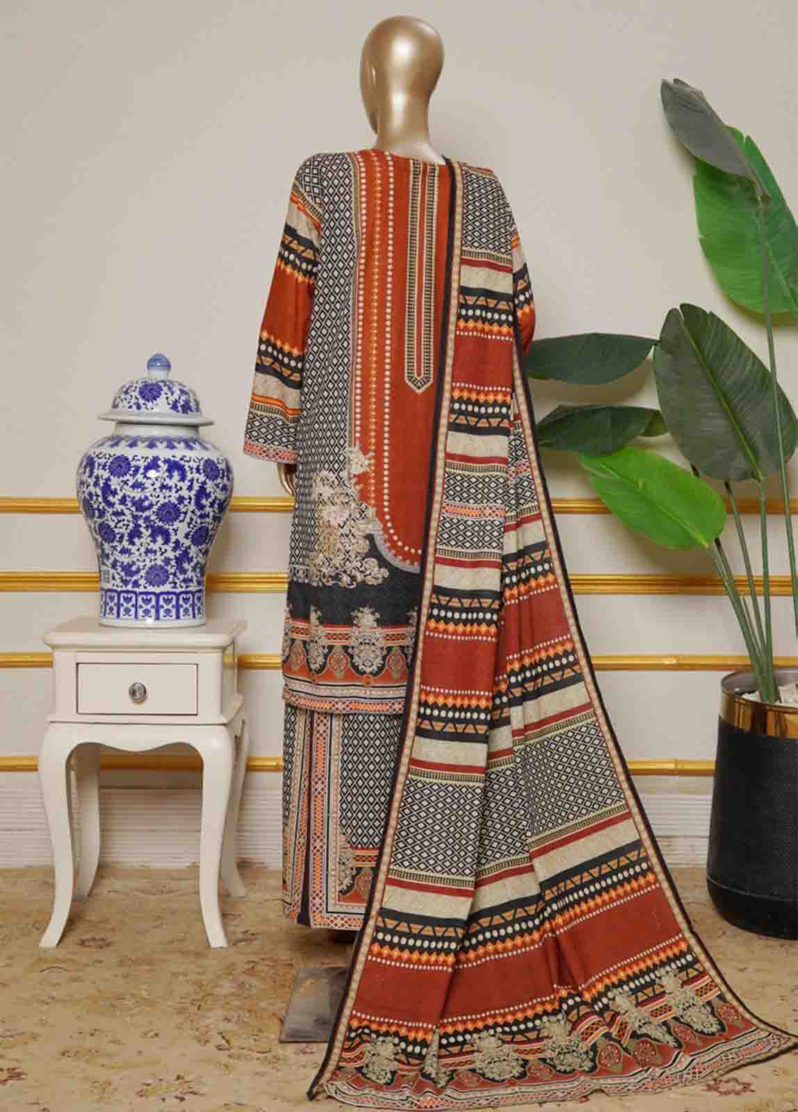 Bin Saeed Fabric - WKE-0134 B-3 Piece Khaddar Embroidered Stitched Suit