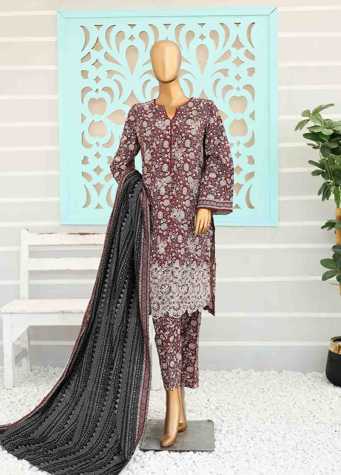 Bin Saeed Fabric - WKE-017 A -3 Piece Khaddar Chikankari Stitched Suit
