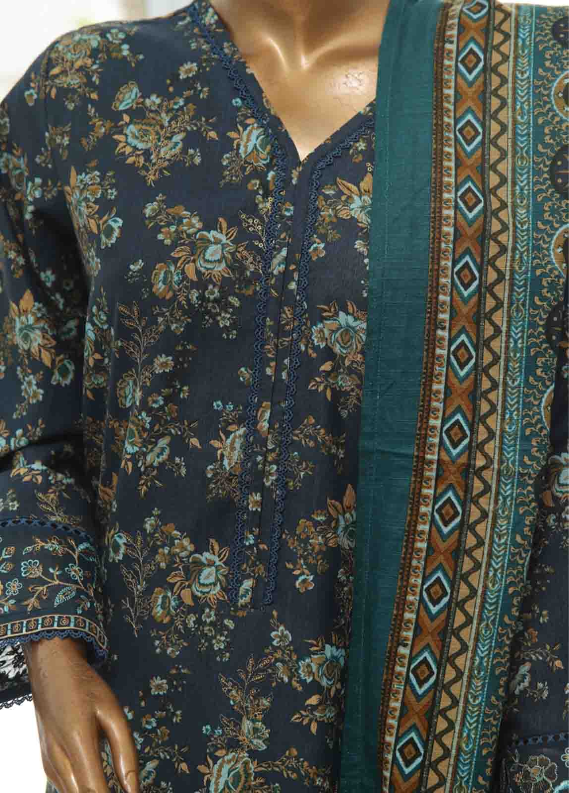 Bin Saeed Fabric - WKE-021 A -3 Piece Khaddar Chikankari Stitched Suit