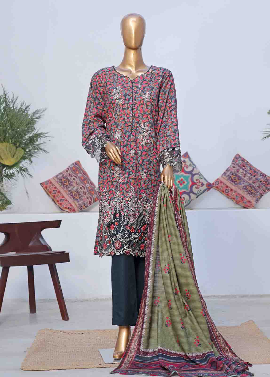 Bin Saeed Fabric - WKE-041 C -3 Piece Khaddar Embroidered Stitched Suit