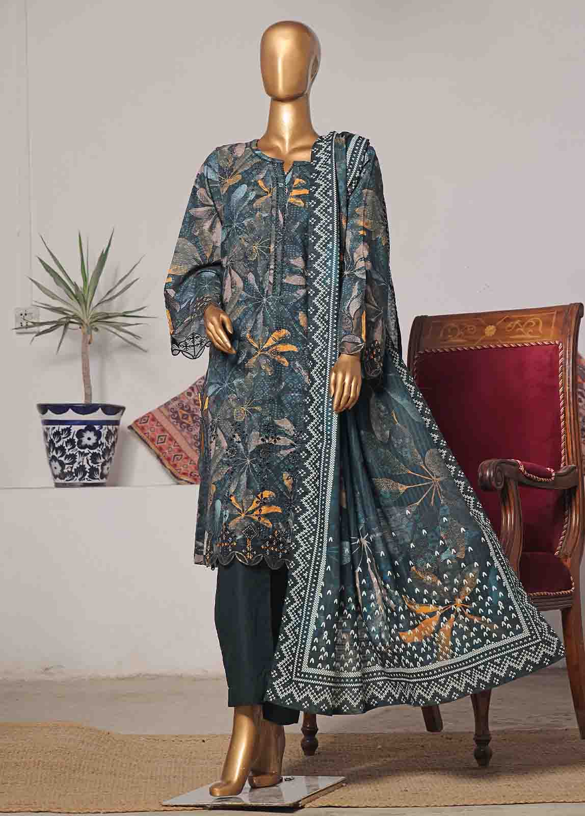 Bin Saeed Fabric - WKE-046 C -3 Piece Khaddar Embroidered Stitched Suit