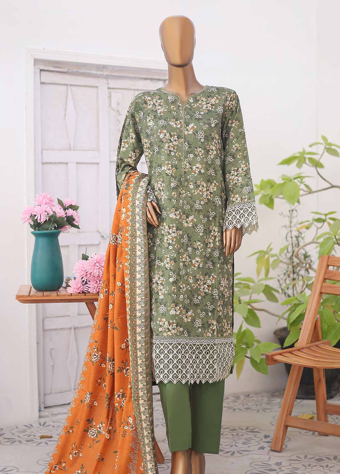 Bin Saeed Fabric - WKE-058 F A-3 Piece Khaddar Embroidered Stitched Suit