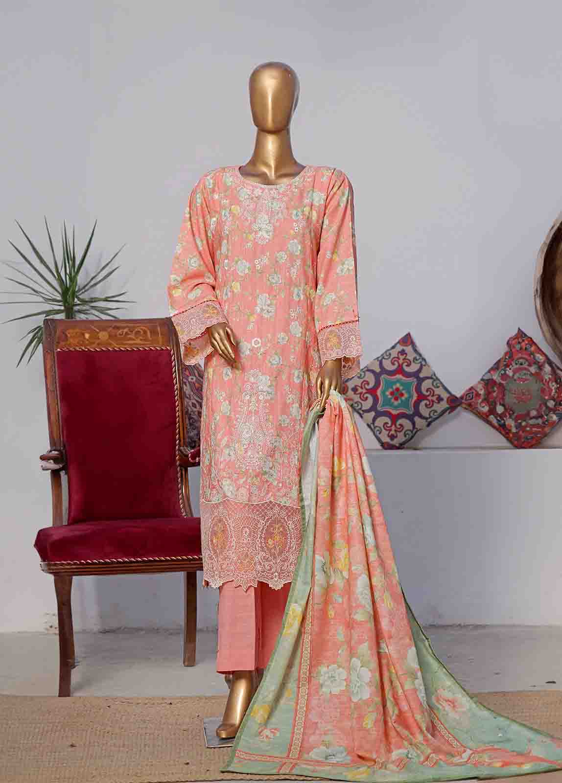 Bin Saeed Fabric - WKE-060 C -3 Piece Khaddar Embroidered Stitched Suit