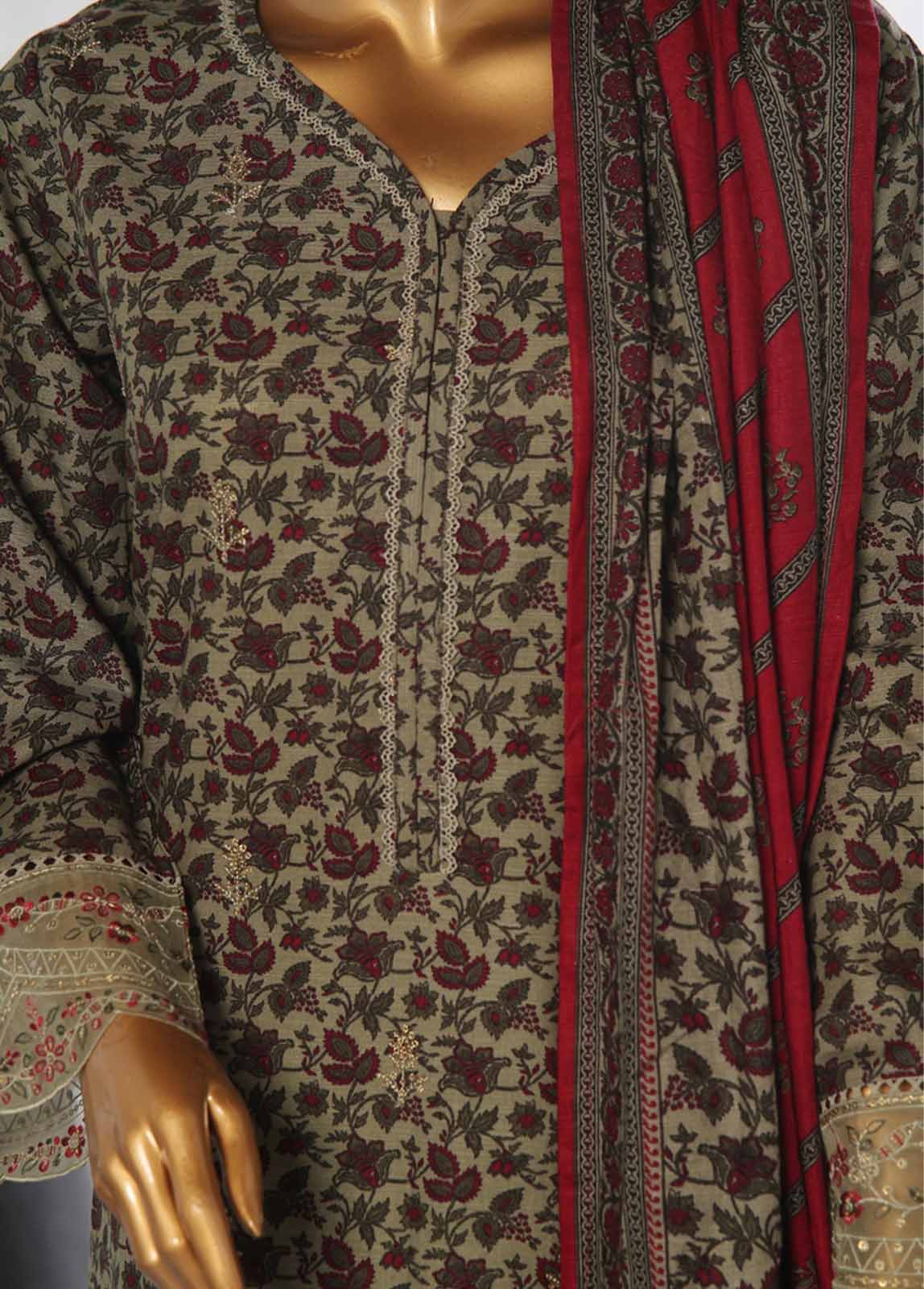 Bin Saeed Fabric - WKE-065 -3 Piece Khaddar Chikankari Stitched Suit