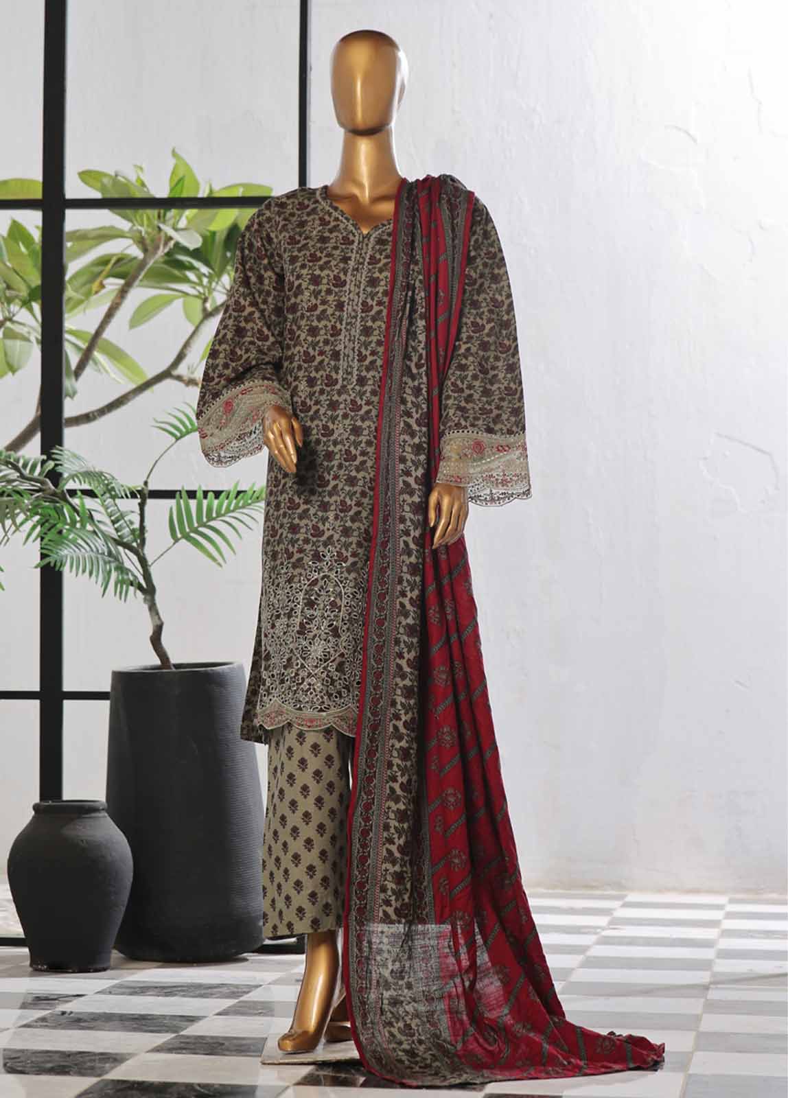 Bin Saeed Fabric - WKE-065 -3 Piece Khaddar Chikankari Stitched Suit