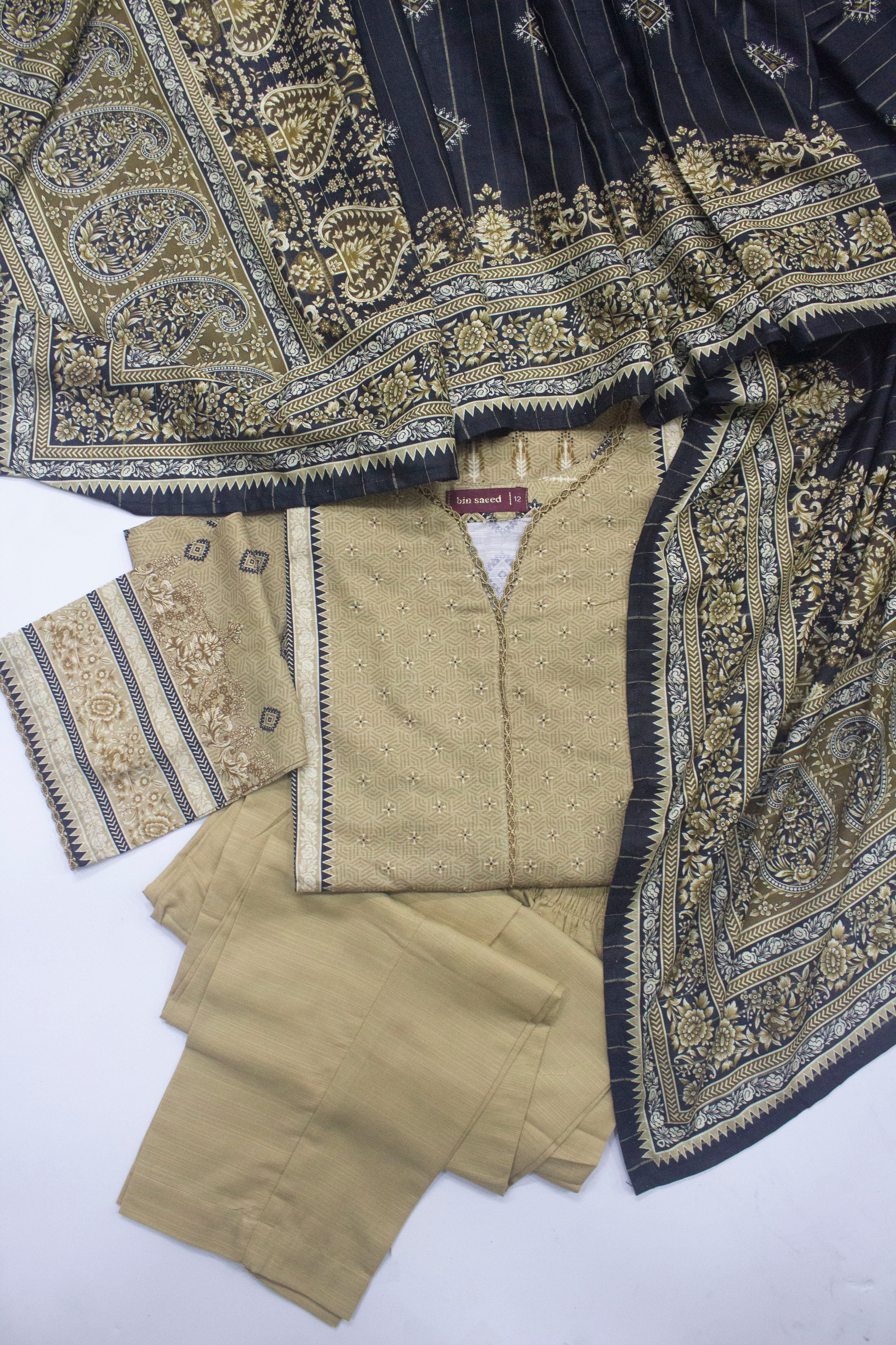 Bin Saeed Fabric - WKF-0140-3 Piece Khaddar Printed Suit