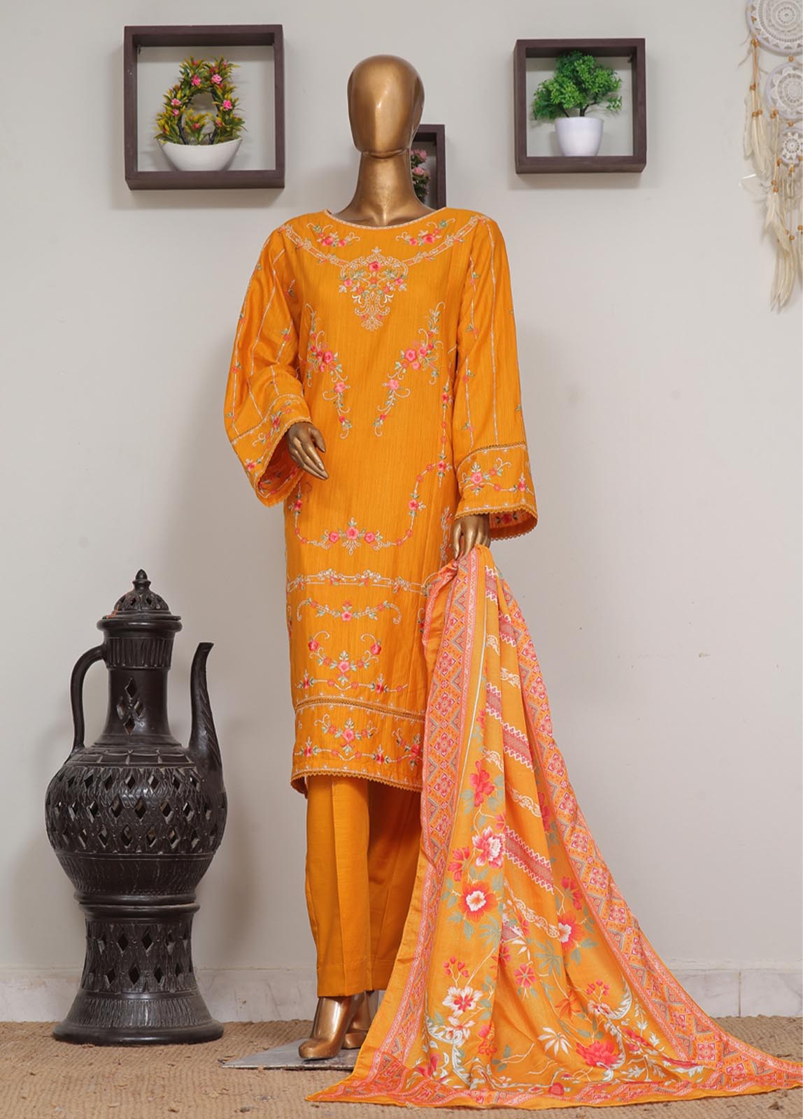 Bin Saeed Fabric - WKKE-001 A-3 Piece Khaddar Embroidered Stitched Suit