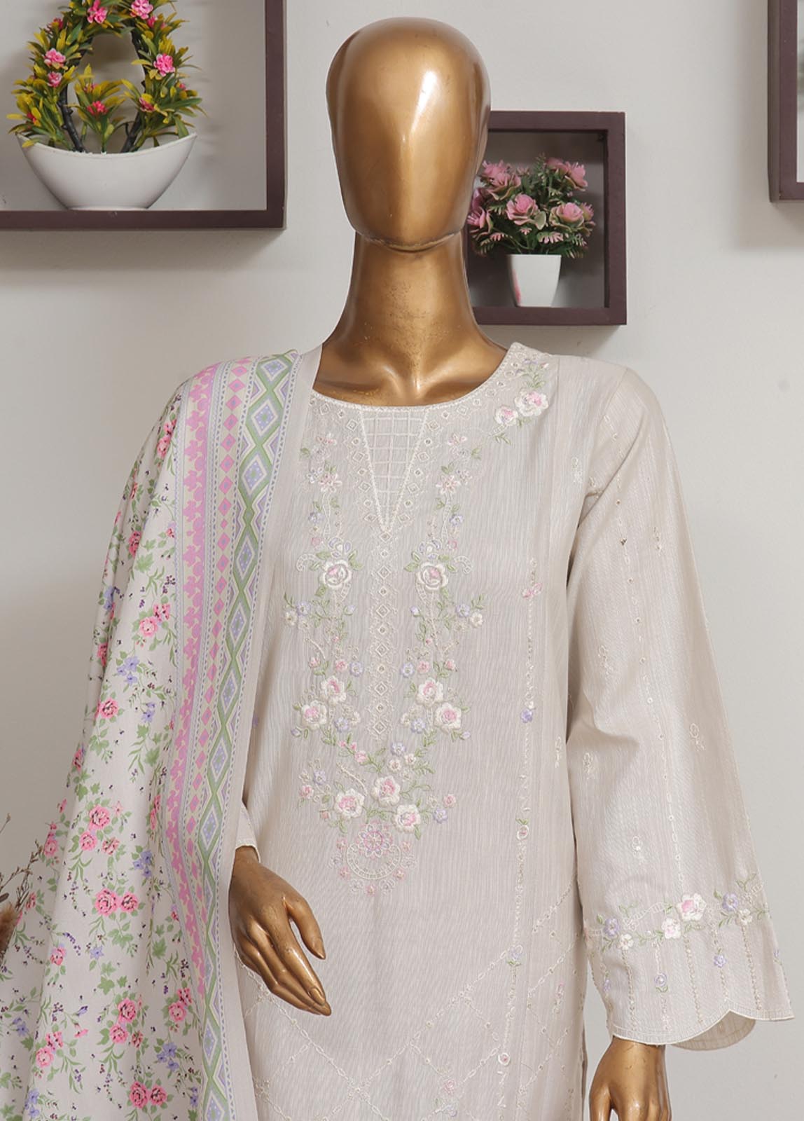 Bin Saeed Fabric - WKKE-005 C-3 Piece Khaddar Embroidered Stitched Suit