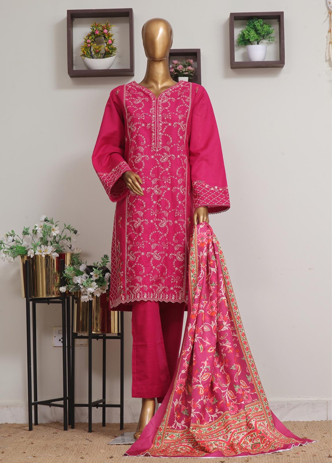 Bin Saeed Fabric - WKKE-008 A-3 Piece Khaddar Embroidered Stitched Suit