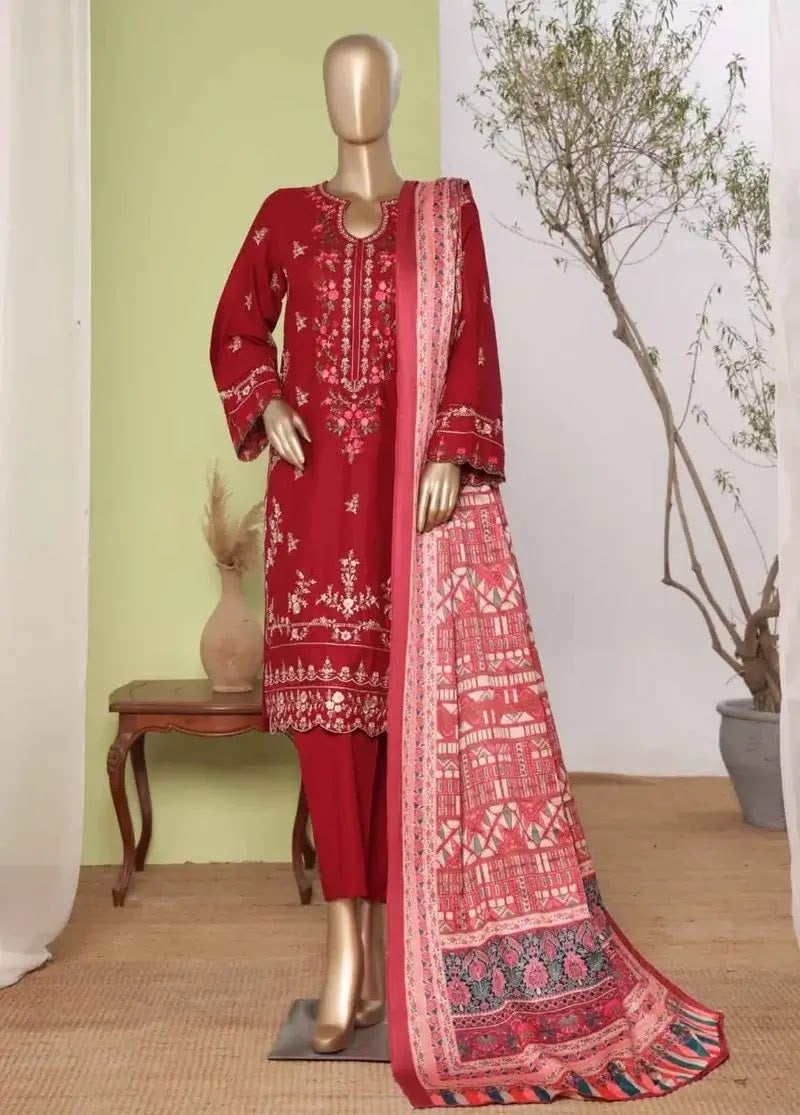 Bin Saeed Fabric - WKKE-011-A- 3 Piece Khaddar Emboidered Stitched Suit
