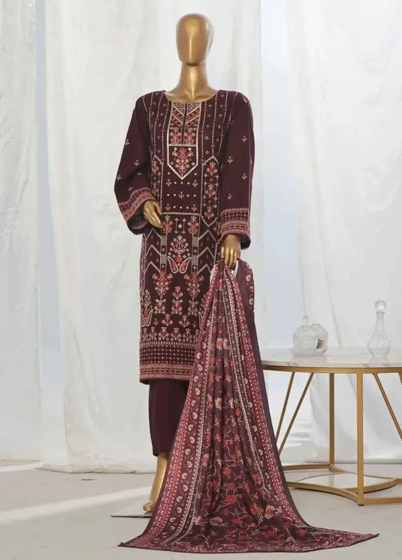 Bin Saeed Fabric - WKKE-012-A- 3 Piece Khaddar Emboidered Stitched Suit