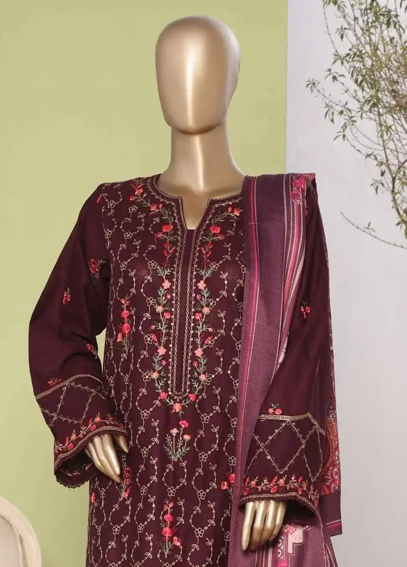 Bin Saeed Fabric - WKKE-012-C- 3 Piece Khaddar Emboidered Stitched Suit