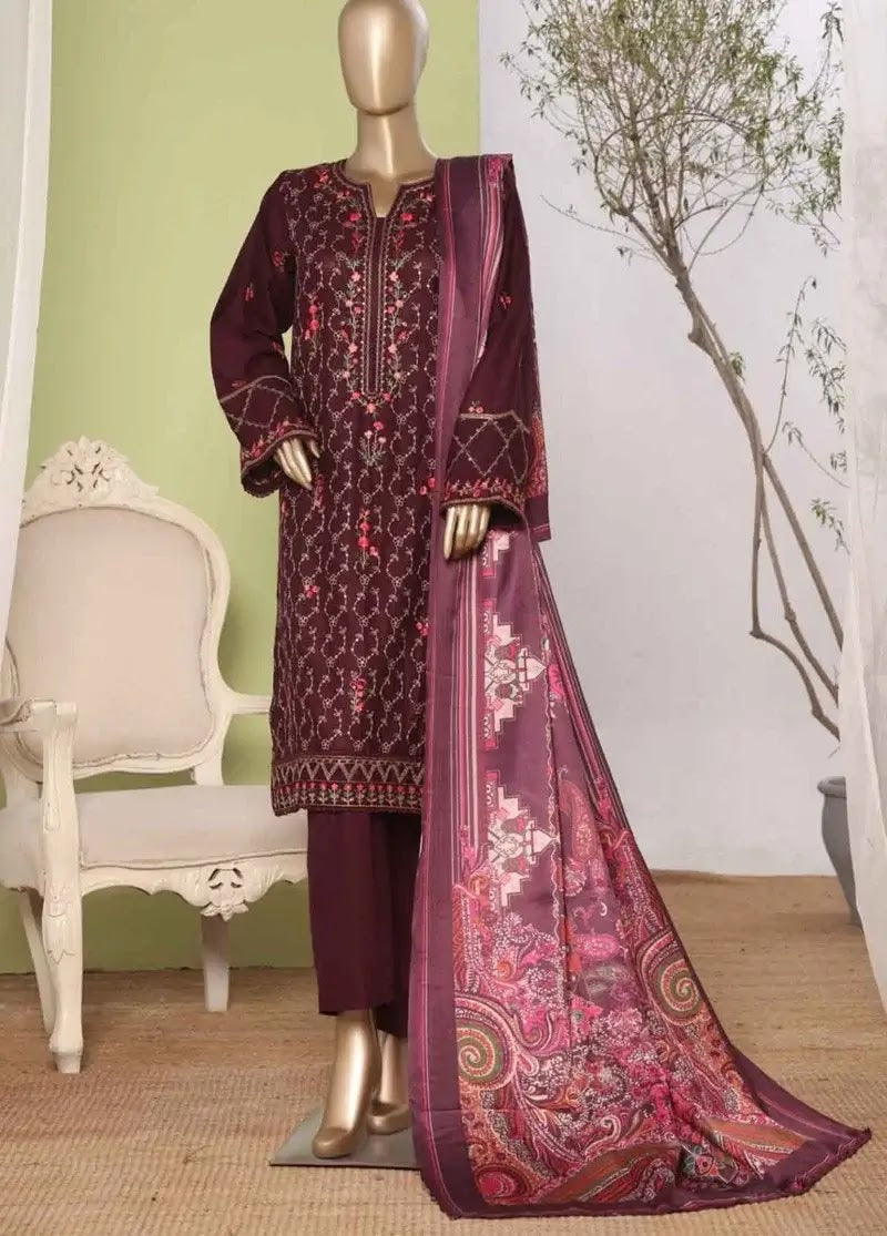 Bin Saeed Fabric - WKKE-012-C- 3 Piece Khaddar Emboidered Stitched Suit