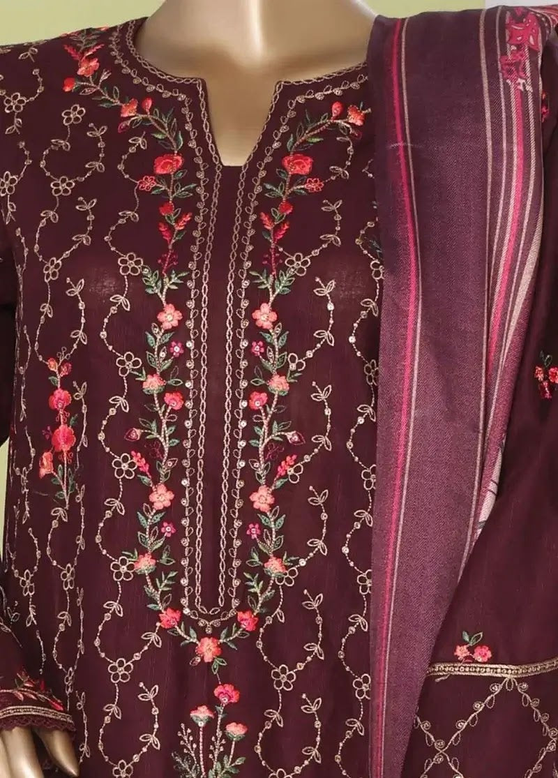 Bin Saeed Fabric - WKKE-012-C- 3 Piece Khaddar Emboidered Stitched Suit