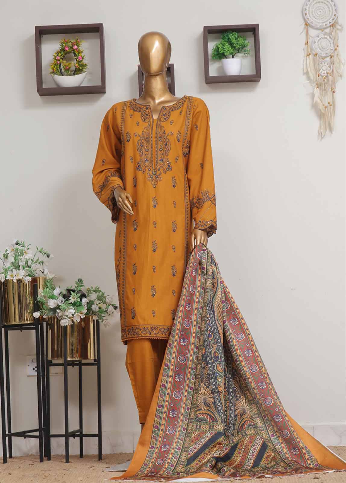 Bin Saeed Fabric - WKKE-013 C-3 Piece Khaddar Embroidered Stitched Suit