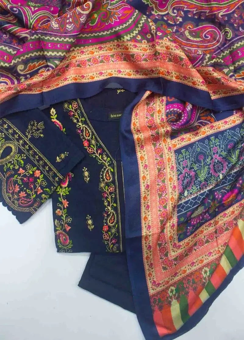 Bin Saeed Fabric - WKKE-015 A- 3 Piece Khaddar Emboidered Stitched Suit