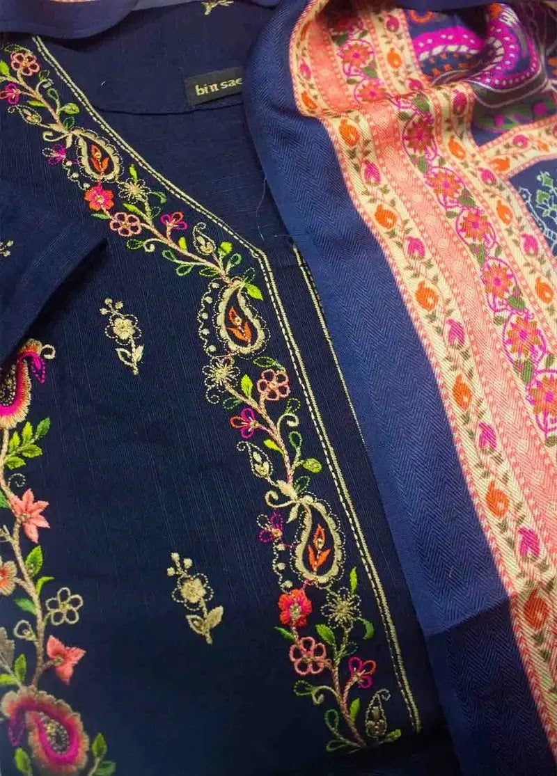 Bin Saeed Fabric - WKKE-015 A- 3 Piece Khaddar Emboidered Stitched Suit