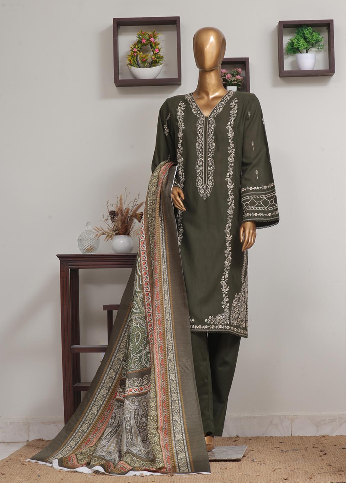 Bin Saeed Fabric - WKKE-017 B-3 Piece Khaddar Embroidered Stitched Suit