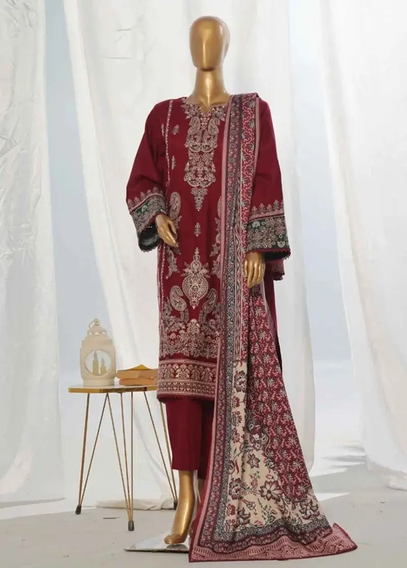 Bin Saeed Fabric - WKKE-019-A- 3 Piece Khaddar Emboidered Stitched Suit