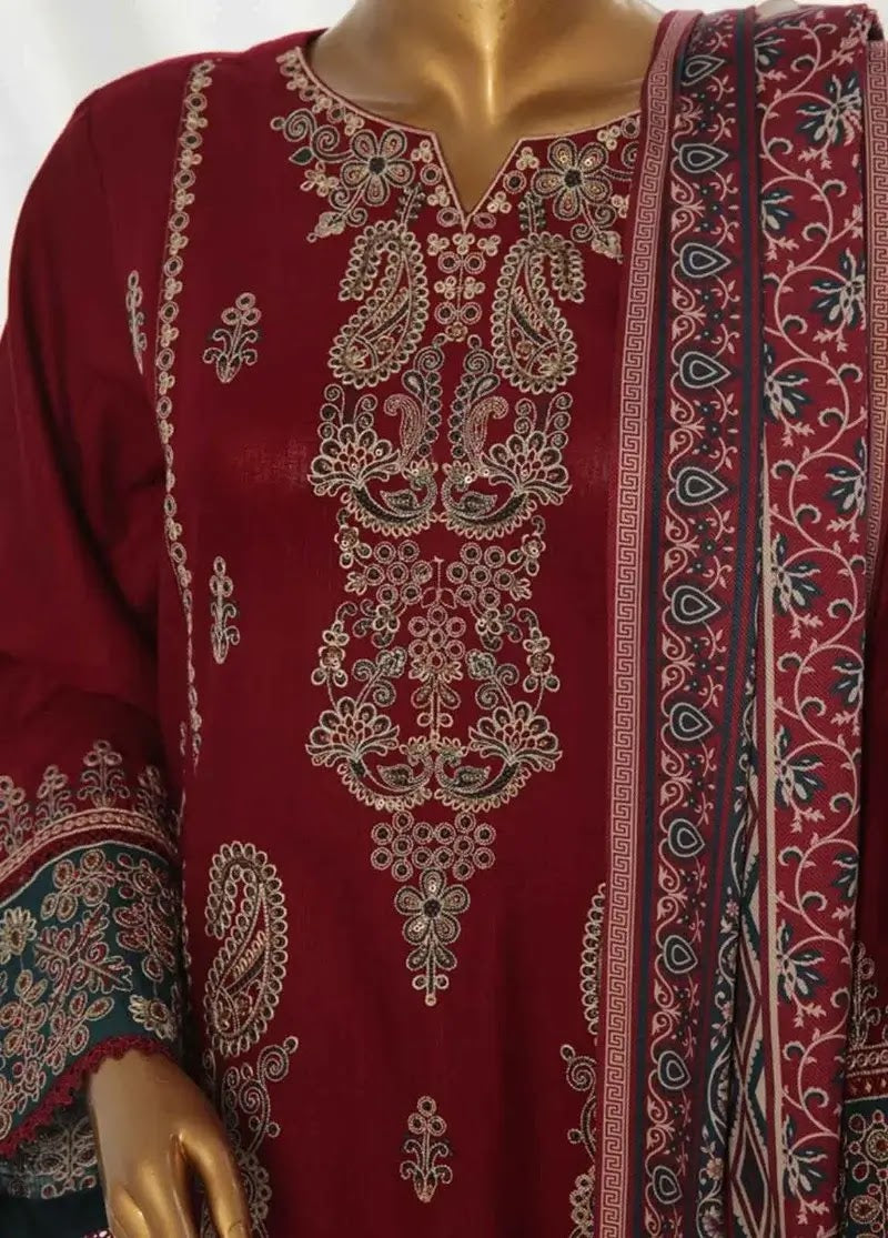 Bin Saeed Fabric - WKKE-019-A- 3 Piece Khaddar Emboidered Stitched Suit