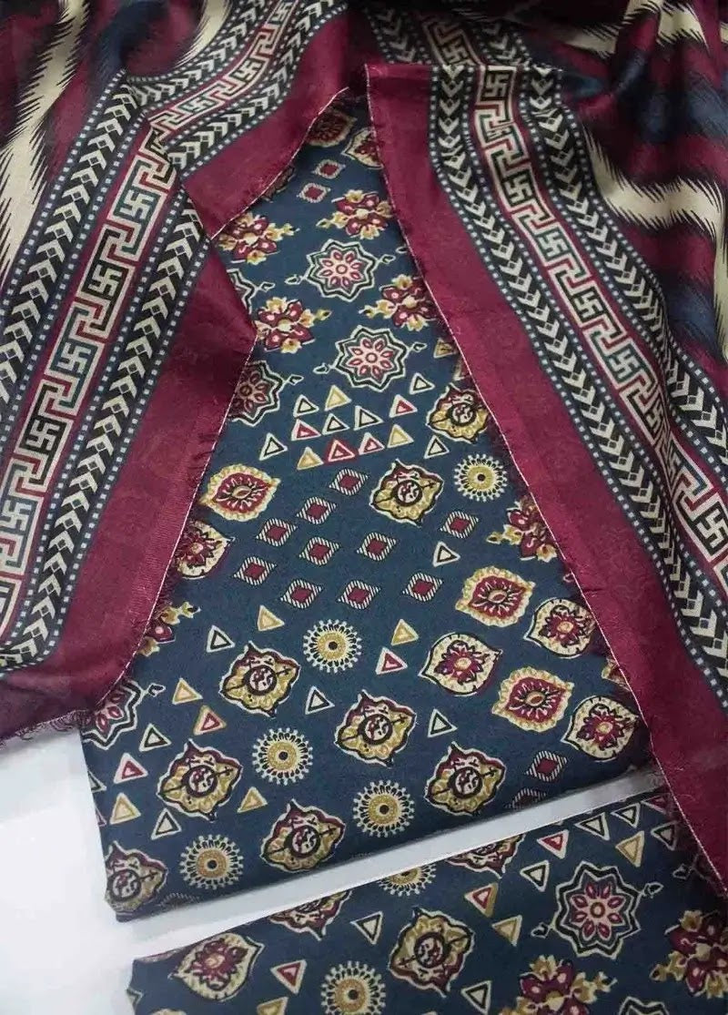 Bin Saeed Fabric - WKU-0217- 3 Piece Khaddar Printed UnStitched Suit