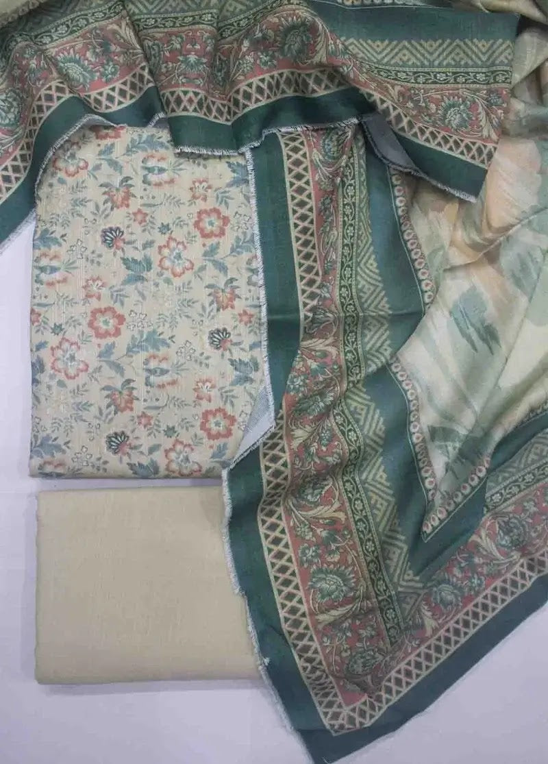 Bin Saeed Fabric - WKU-0219- 3 Piece Khaddar Printed UnStitched Suit