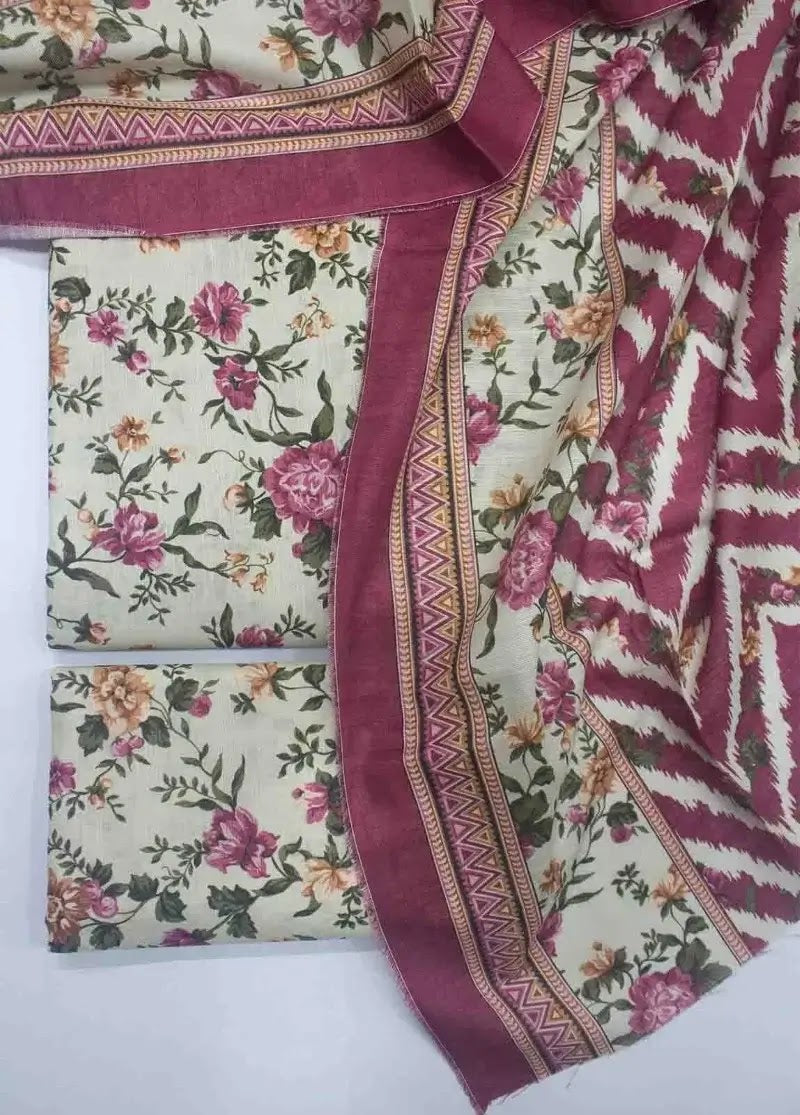 Bin Saeed Fabric - WKU-0226- 3 Piece Khaddar Printed UnStitched Suit
