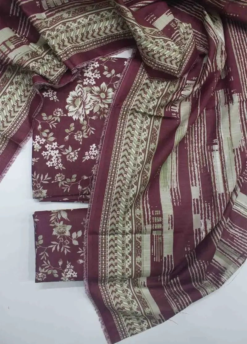 Bin Saeed Fabric - WKU-0227- 3 Piece Khaddar Printed UnStitched Suit