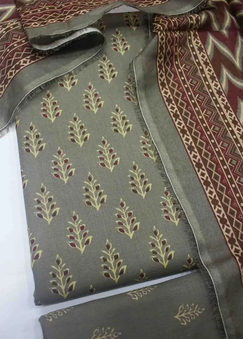 Bin Saeed Fabric - WKU-0228- 3 Piece Khaddar Printed UnStitched Suit