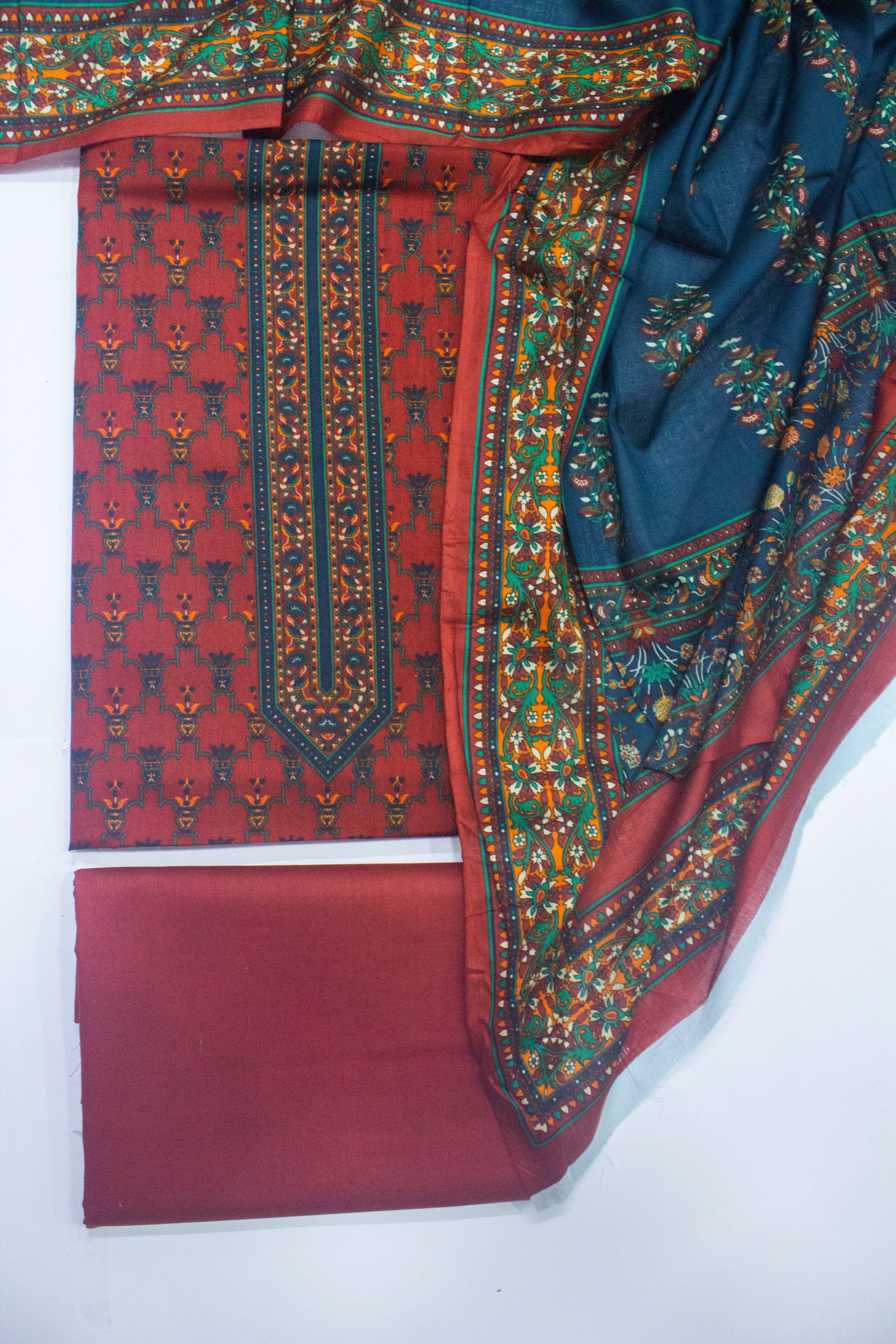 Bin Saeed Fabric - WKU-709- 3 Piece Khaddar Printed UnStitched Suit