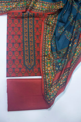 Bin Saeed Fabric - WKU-709- 3 Piece Khaddar Printed UnStitched Suit