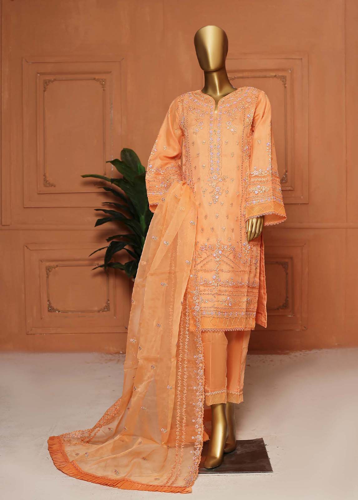 ZEF-2009-B- 3 Piece Embroidered Organza Stitched suit
