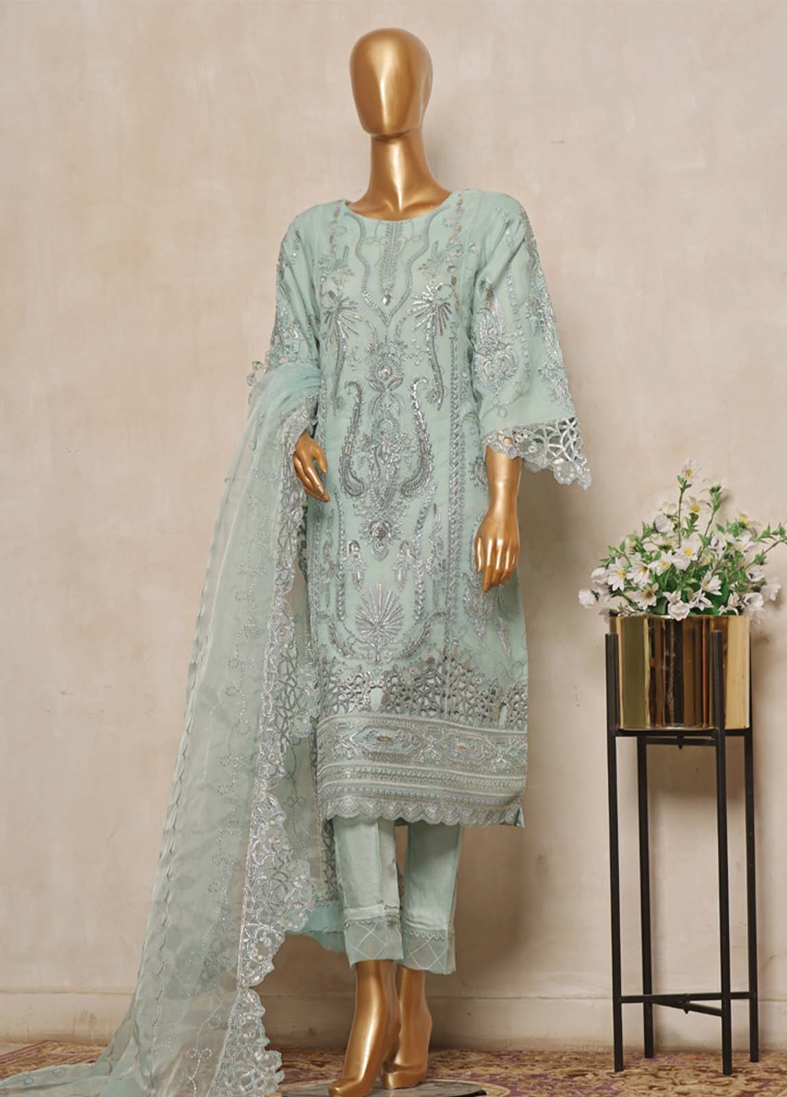 Bin Saeed Fabric - ZEF-2038- 3 Piece Embroidered Organza