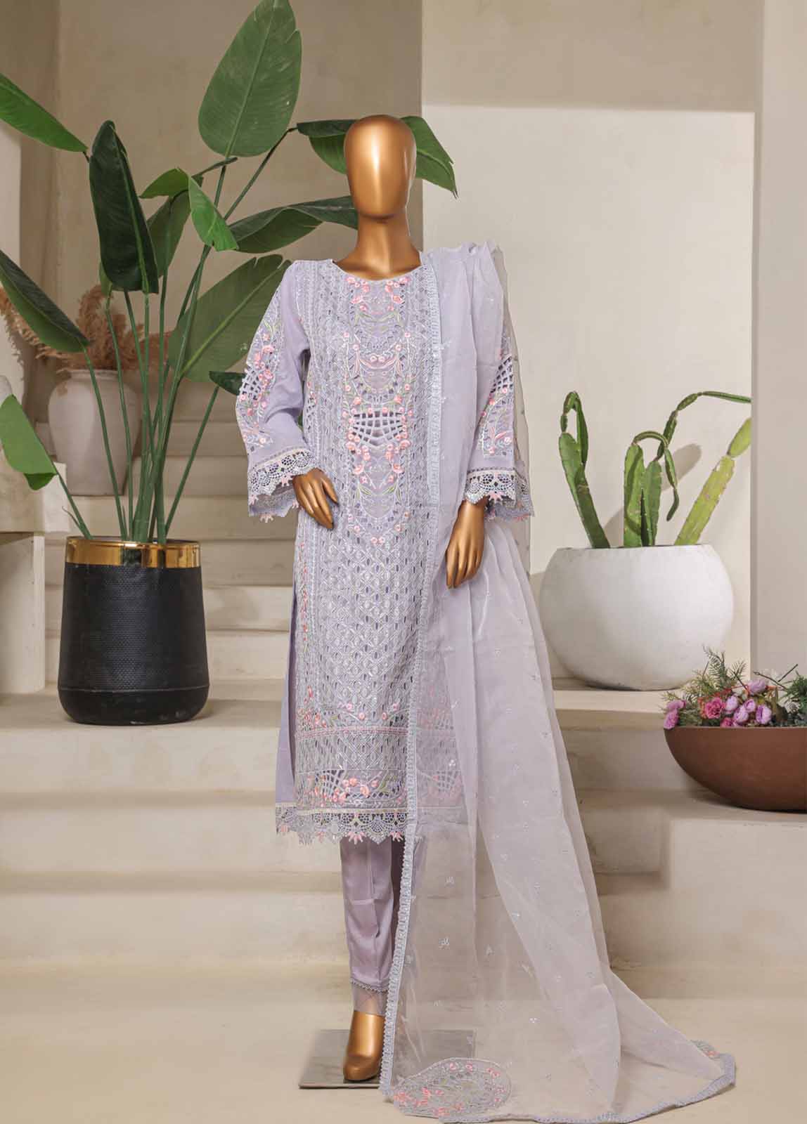 ZEF-2067 U- 3 Piece Organza Stitched Suit
