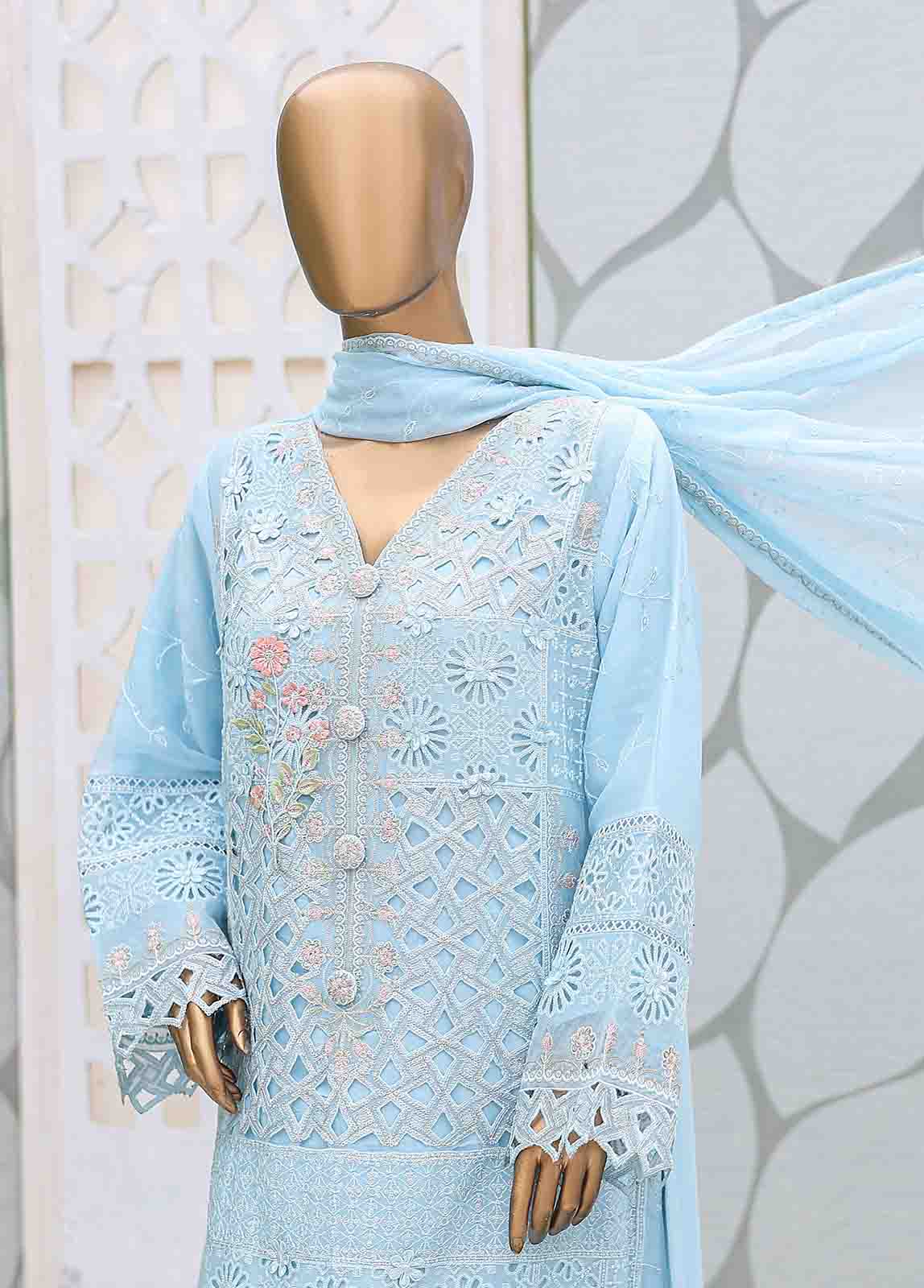 ZEFC-2051 B- 3 Piece Embroidered Chiffon