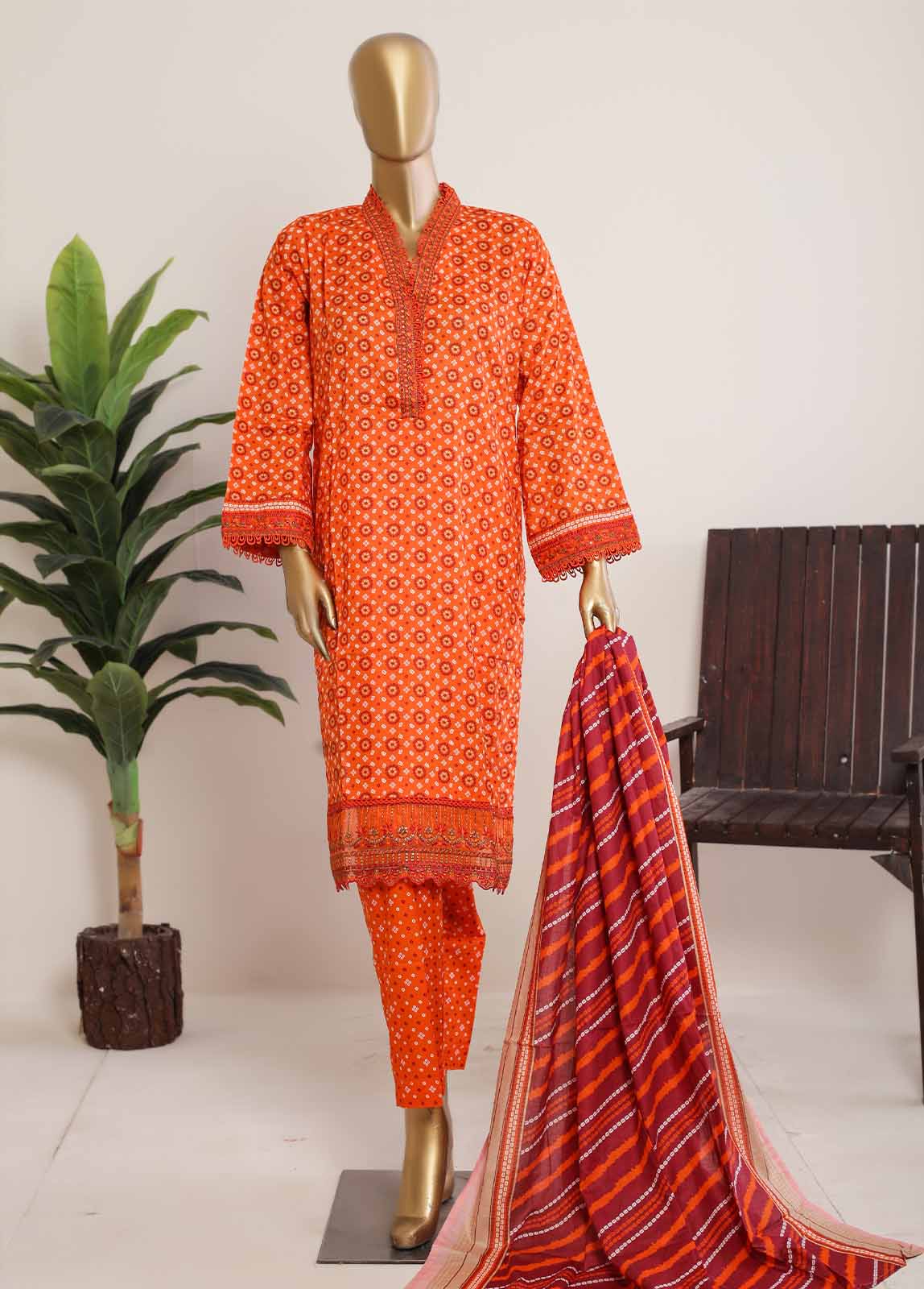 EMB-0295 - 3 Piece Cotton Embroidery Stitched Suit