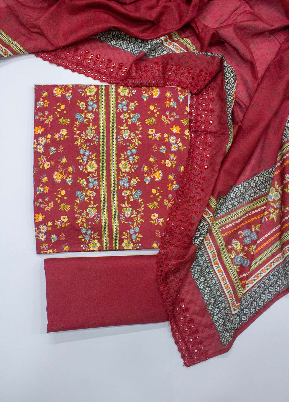 Bin Saeed Fabric - EU-0020- 3 Piece UnStitched Lawn Cut Work Embroidery