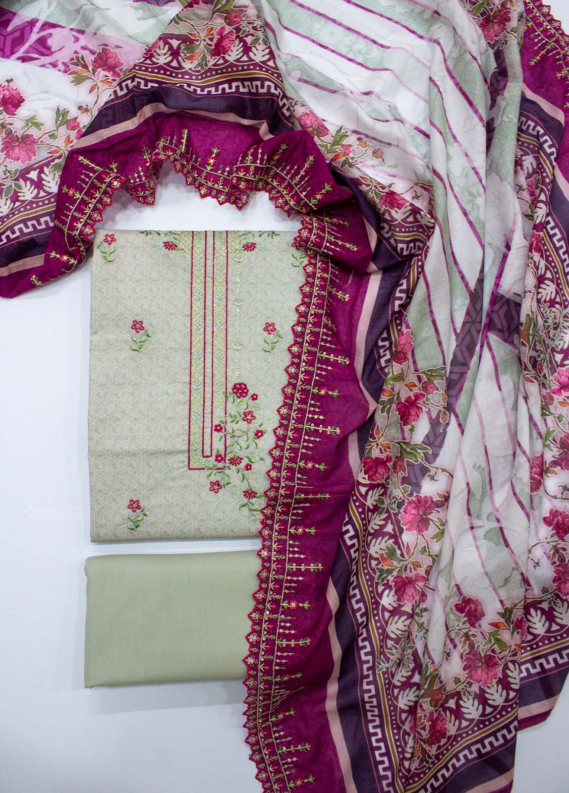 Bin Saeed Fabric - EU-0025- 3 Piece UnStitched Lawn Cut Work Embroidery