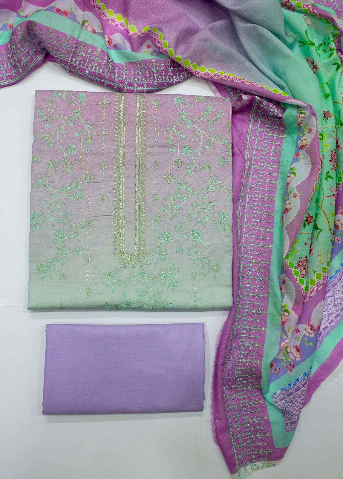 Bin Saeed Fabric - EU-0026- 3 Piece UnStitched Lawn Cut Work Embroidery