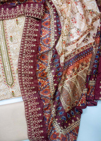 Bin Saeed Fabric - EU-0558- 3 Piece UnStitched Lawn Cut Work Embroidery