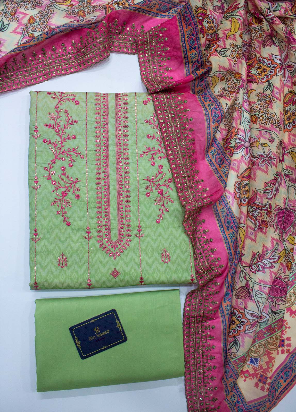 Bin Saeed Fabric - EU-0574- 3 Piece UnStitched Lawn Cut Work Embroidery