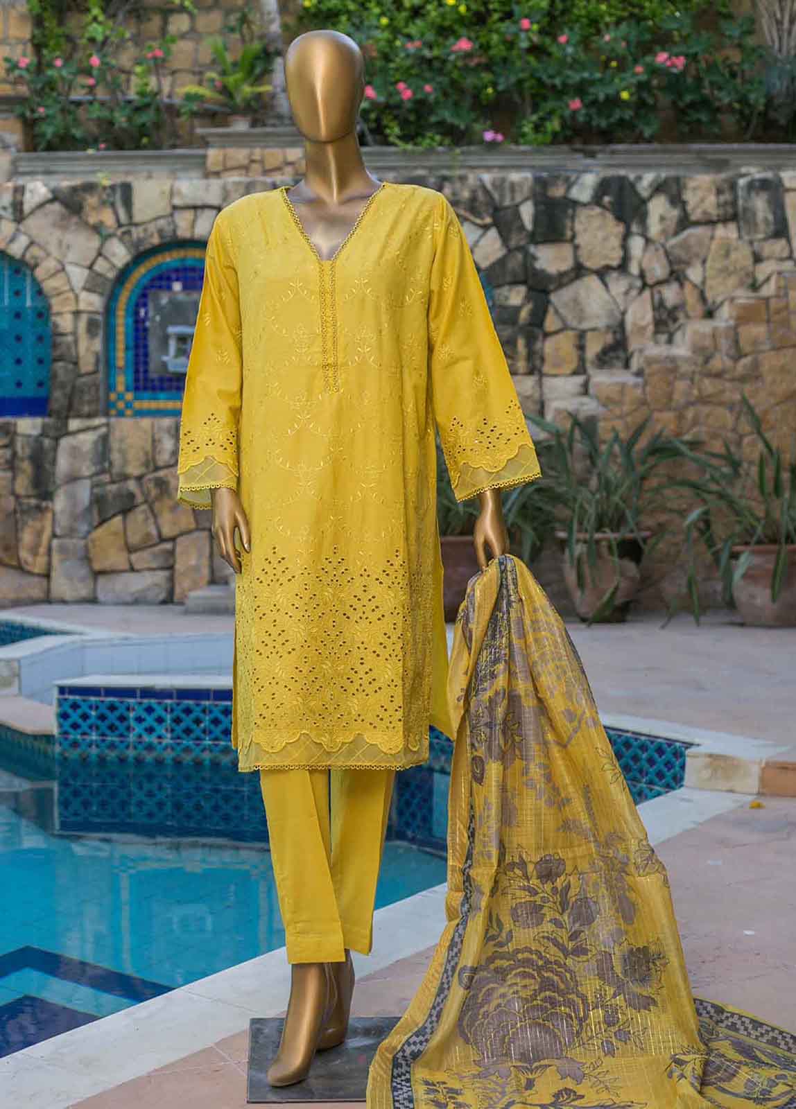 Bin Saeed Fabric - HTS-0024- 3 Piece ChikanKari