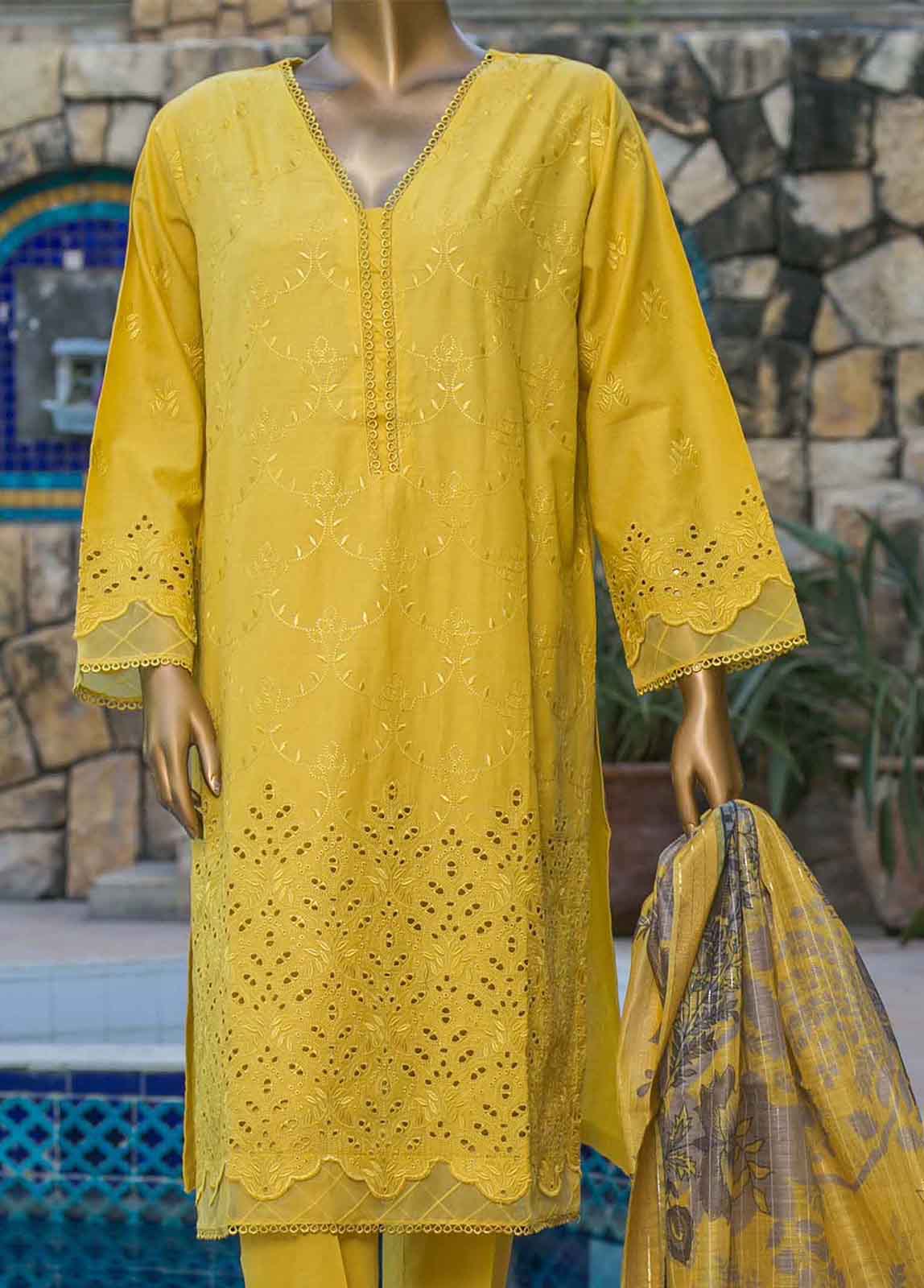 Bin Saeed Fabric - HTS-0024- 3 Piece ChikanKari