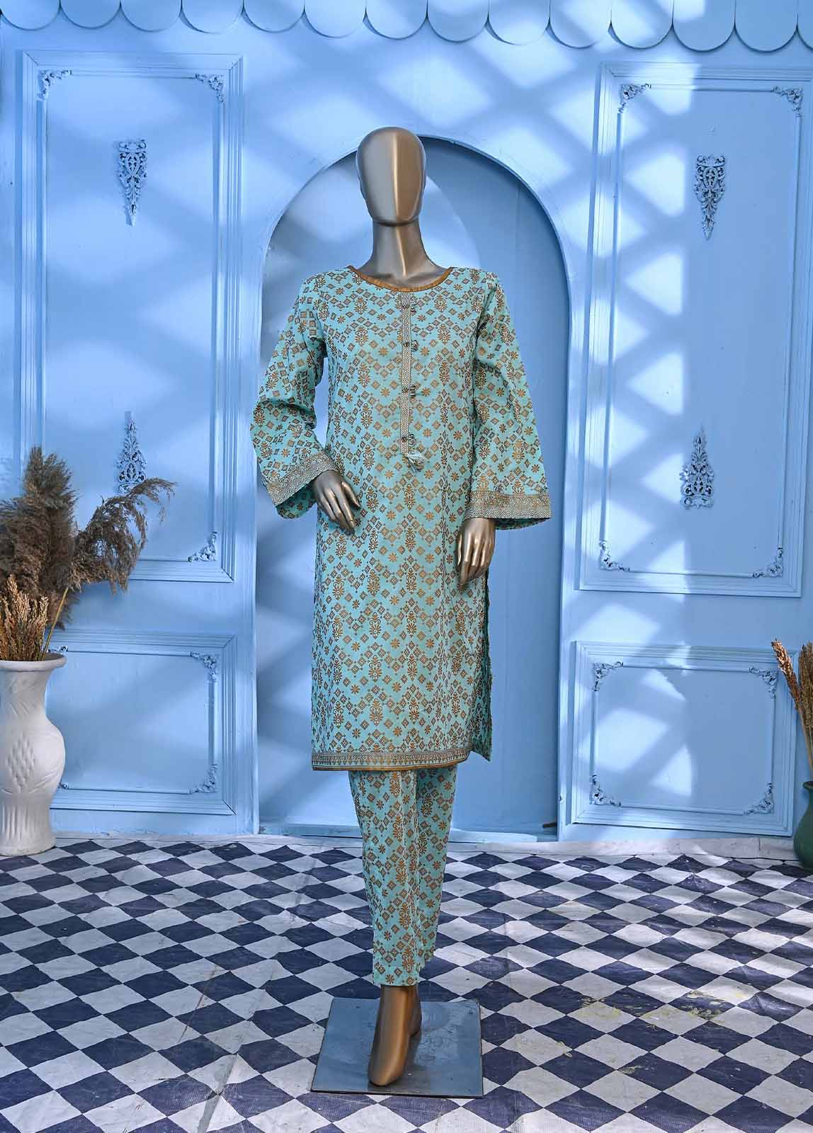 Bin Saeed Fabric - LRGF-022- 2 Piece Gold Printed Stitched