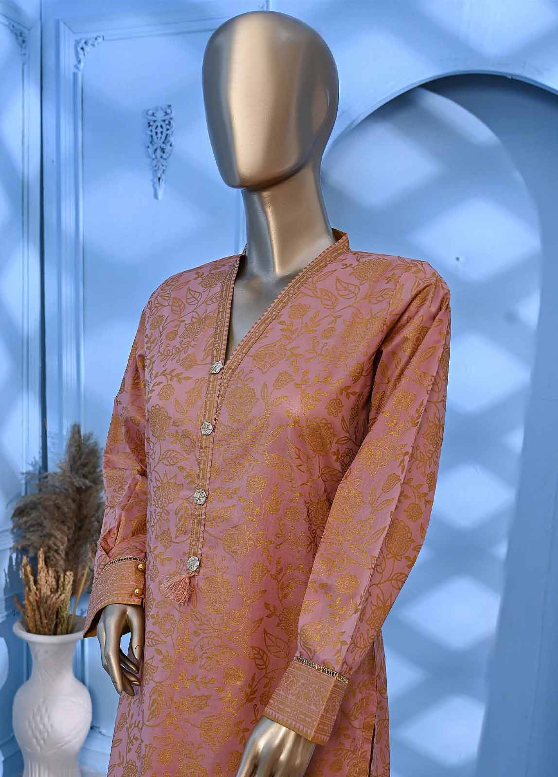 Bin Saeed Fabric - LRGF-028- 2 Piece Gold Printed Stitched